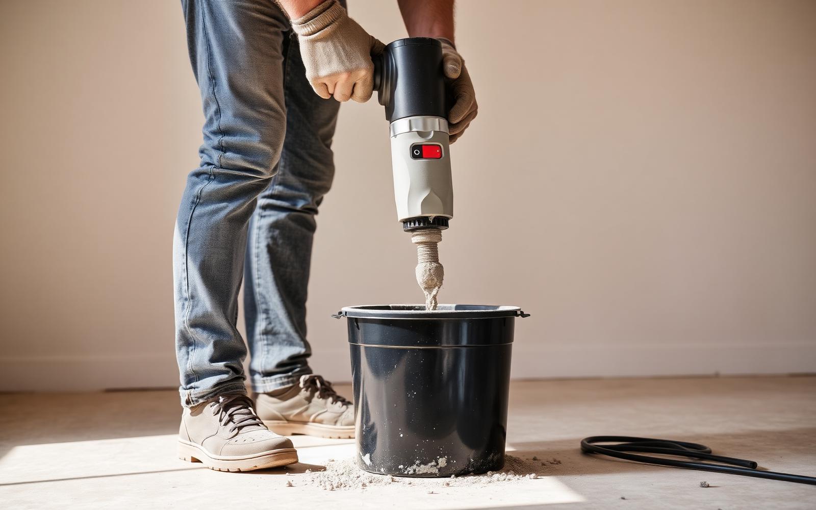 Worker mixing tile adhesive in a bucket with a paddle mixer